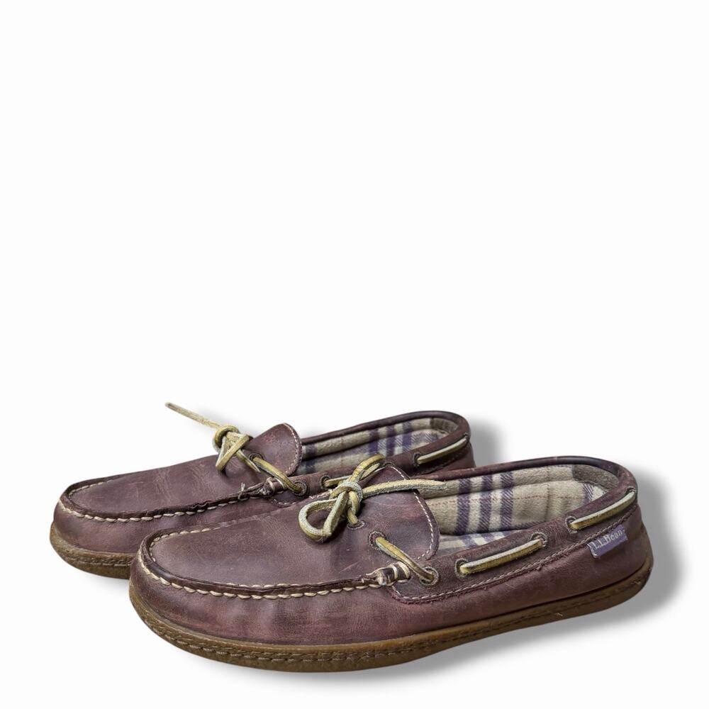 L.L.Bean Women's 8M Brown Leather Handsewn Moccasin Slippers Plaid Lined